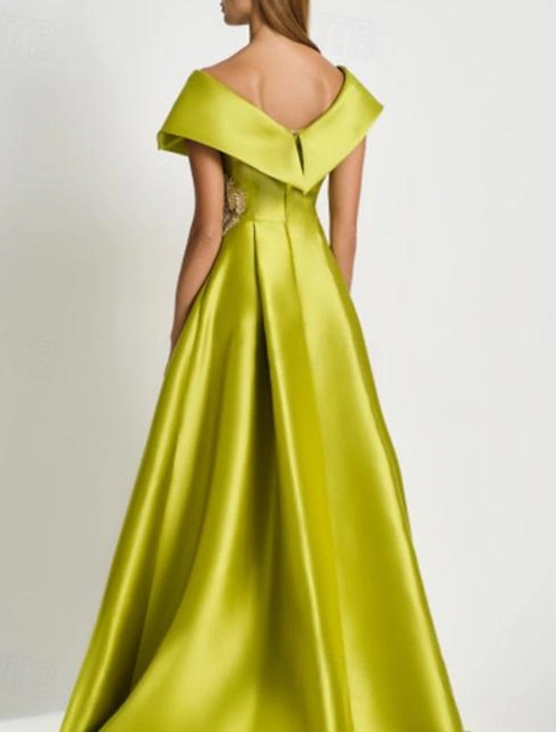 Luolandi A-Line Evening Gown Elegant Dress Wedding Guest Floor Length Short Sleeve V Neck Pocket Satin with Rhinestone Beautiful